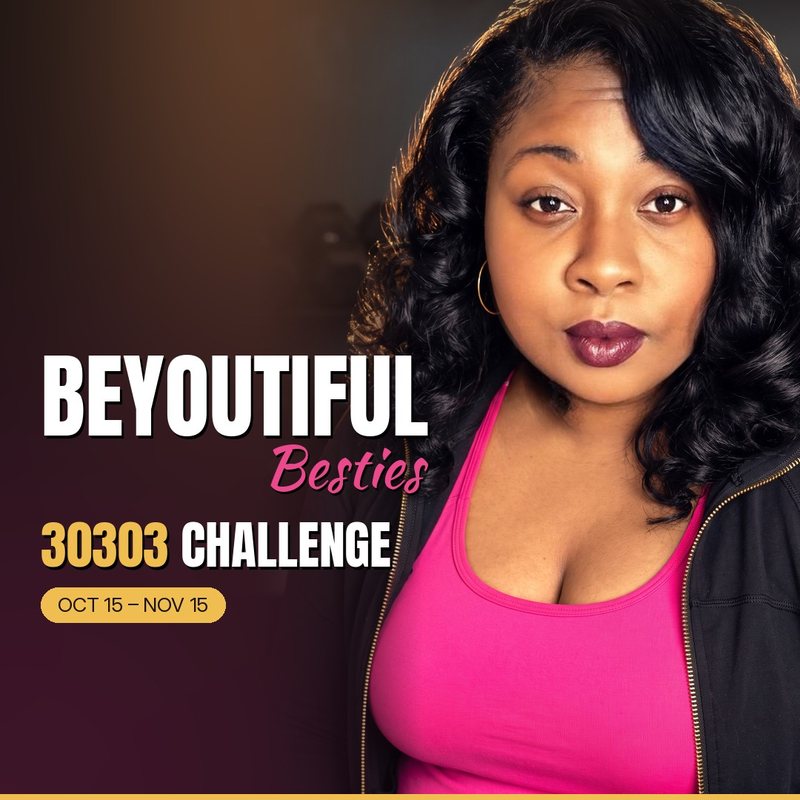 BEYOUTIFUL Besties 30303 Challenge, Oct 15 to Nov 15, with Coach Brittany in a pink and black workout look